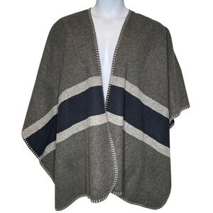 ARTISAN NY Womens Striped Poncho Sz L Gray Blue Wool Blend Boho Artsy Cozy‎ Cape